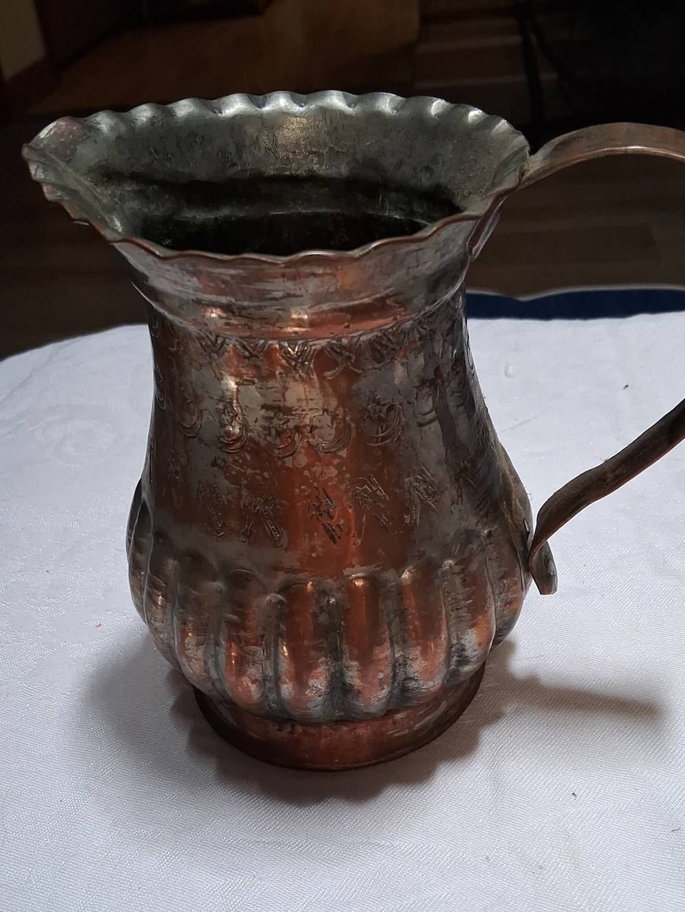 Vintage Egyptian 1940 Embossed Copper Pitcher - Copper Tones